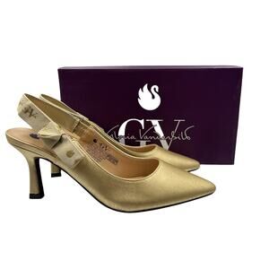 NIB Gloria Vanderbilt Womens Gold Zsa Zsa Slingback Ribbon Bow Heels Sz 8.5